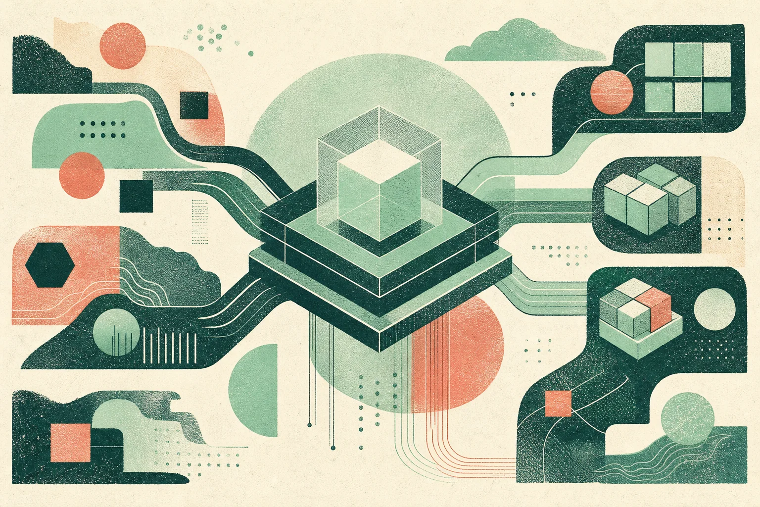 Abstract risograph illustration for Healthcare R&D engineering leadership