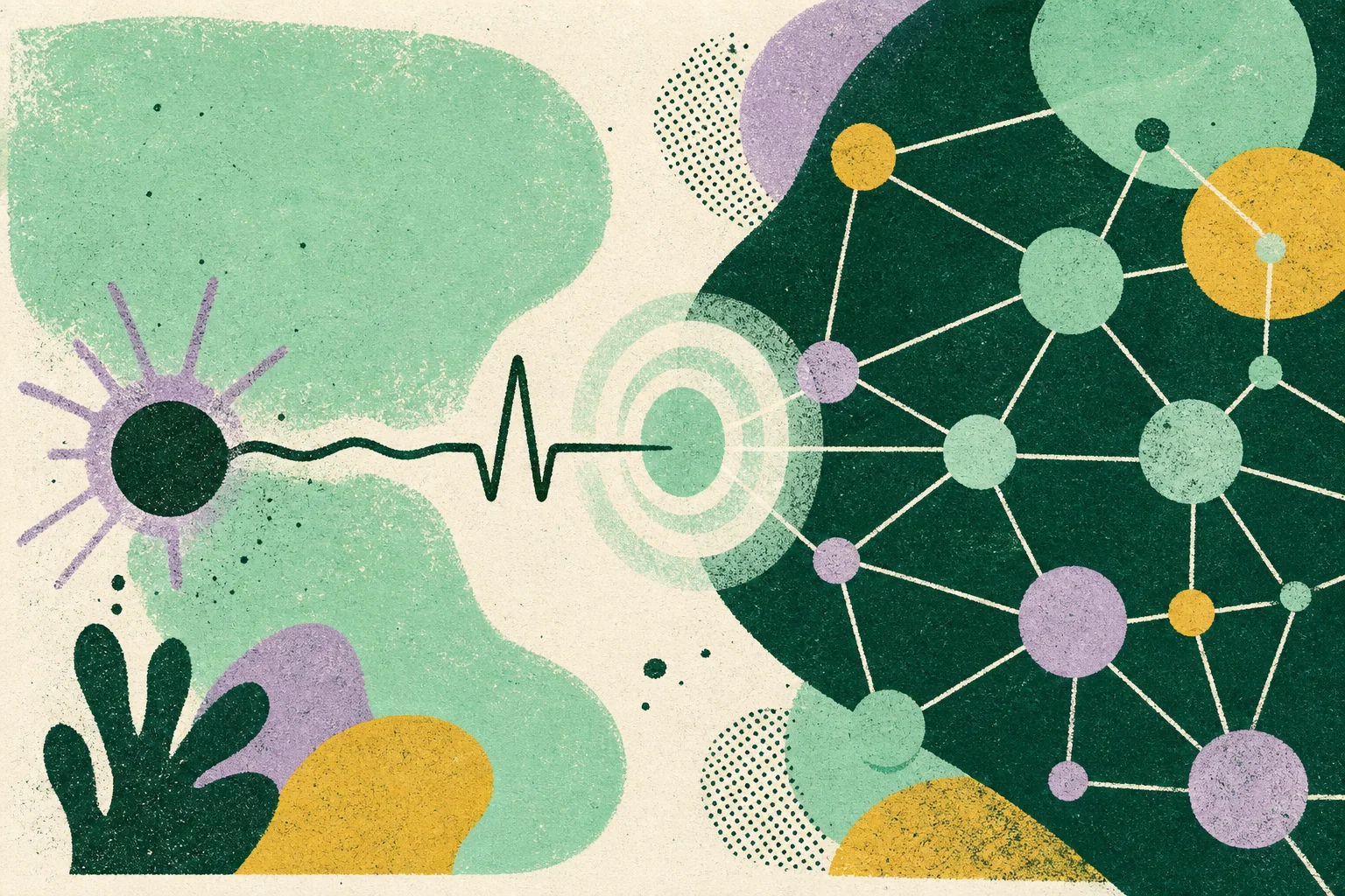 Abstract mint risograph of a new signal entering a connected system