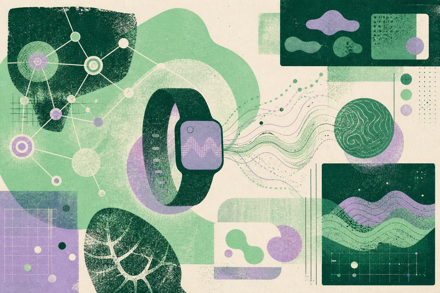 Abstract risograph illustration of connected healthcare sensors and data